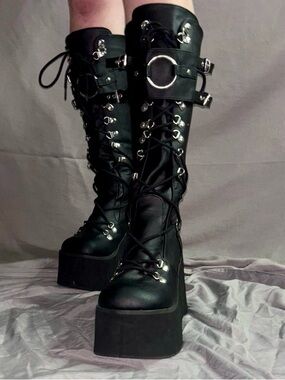 ☆Demonia Black Platform Knee-High Lace-Up Boots with Silver Rings
